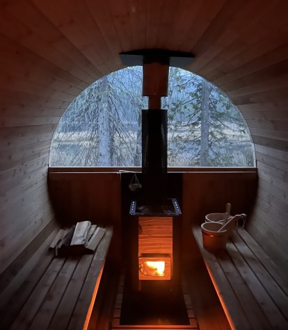 Interior of wood-fired sauna at the lake